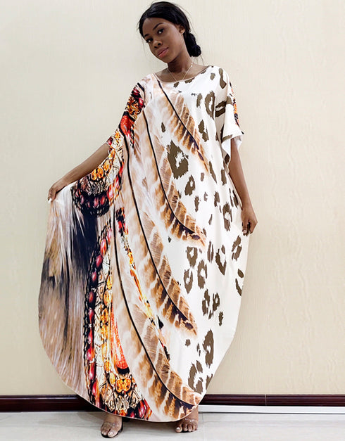 Women's O-Neck Leopard Print Batwing Sleeve African Dress